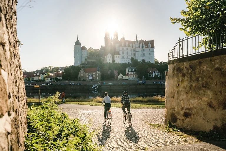 Radfahrer auf dem Elbradweg unterwegs nach Meißen im Dresden Elbland bei sonnigem Wetter.
