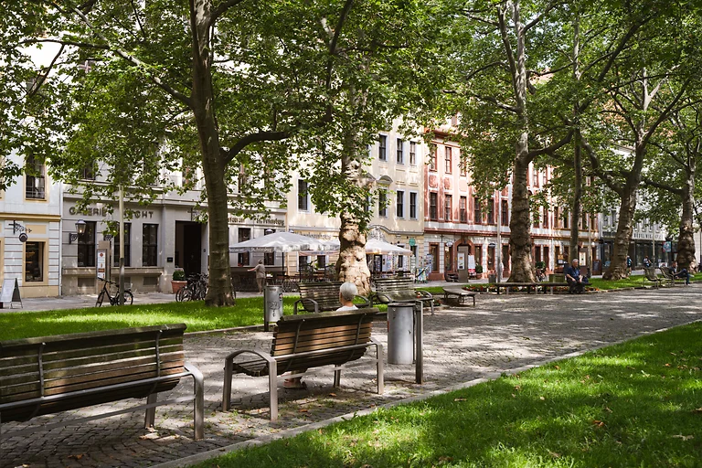 Besucher bummeln auf der Hauptstraße in Dresden zwischen Geschäften und Restaurants.