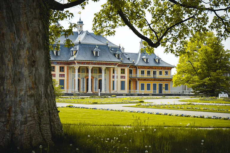 Schloss Pillnitz mit historischen Parkanlagen und alten Bäumen an der Elbe.